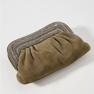 Anthropologie All That Jazz Clutch •Olive Green Suede •Embellished Beaded Frame